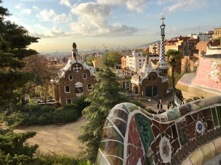 Park Guell in Barcelona with a nice view of the city at sunriseのeditorial素材
