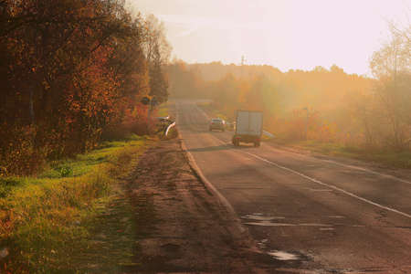 highway in the morning mist of the autumn dawnの写真素材