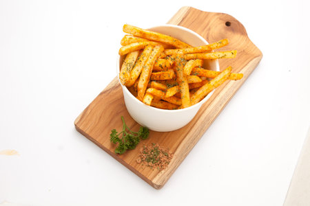 french Fries in a bowl with a sprinkling of parsley powder, garlic and chilies and sausage
