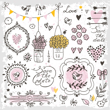 Set of design elements for wedding decoration. illustration. Decorative frames, flowers, heart, birds, arrows.のイラスト素材