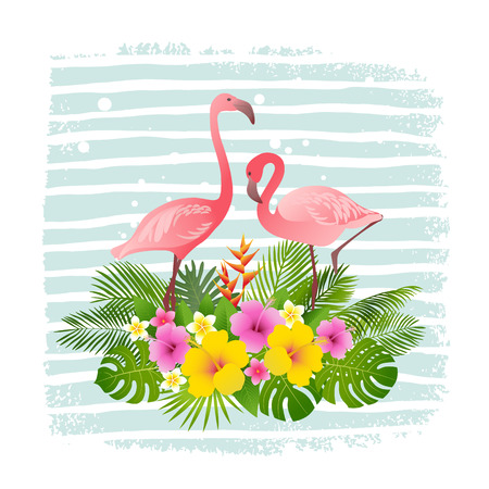 Tropical summer design. Flamingo, palm leaves, tropical plants, flowers. Vector illustration.のイラスト素材