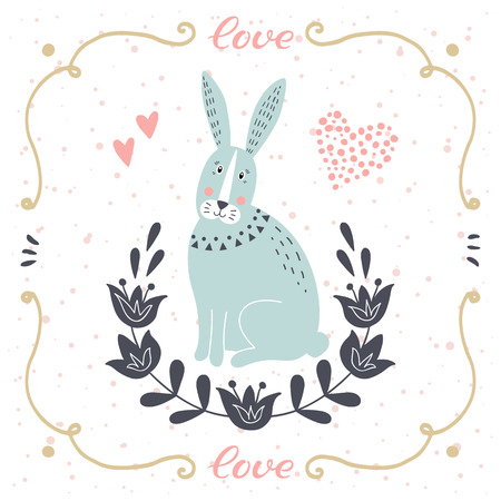 Vector card with cute bunny. Postcard with love text. Funny cartoon animal.のイラスト素材