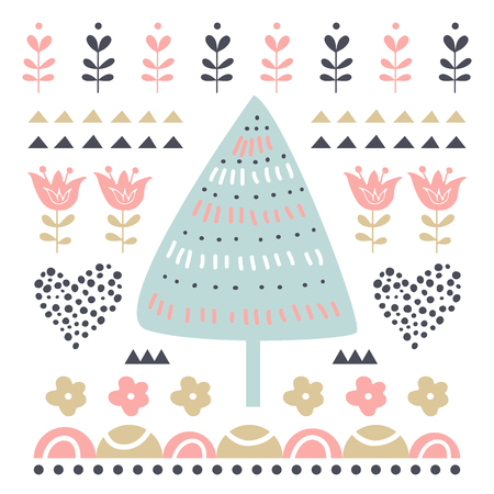 Vector card with fir tree and flowers. Illustration for childrens prints, greetings, posters, t-shirt, packaging, invites. Element for your design.のイラスト素材