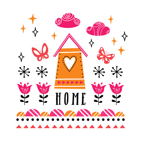 Vector card with home, flowers and butterflies. Illustration for childrens prints, greetings, posters, t-shirt, packaging.のイラスト素材