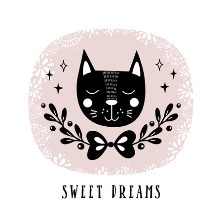 Vector card with cute cat. Illustration for childrens prints, greetings, posters, t-shirt, packaging, invites. Cute animal. Postcard with sweet dreams text.のイラスト素材