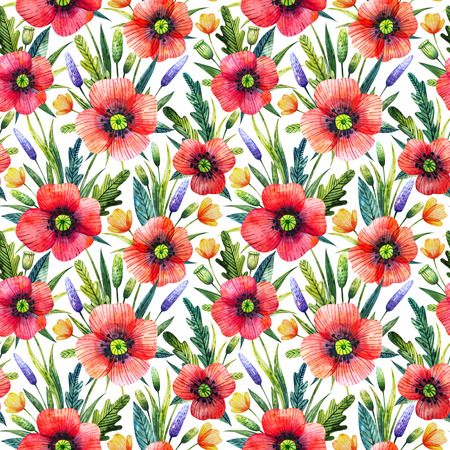 Watercolor seamless pattern with poppies. Floral background. Hand drawn summer flowers.の写真素材