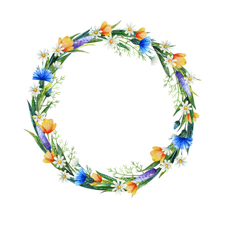 Watercolor floral wreath. Summer flowers. Hand drawn illustration. Floral frame.の写真素材