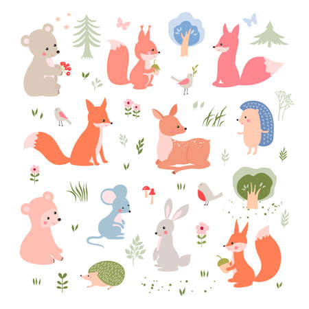 Vector collection of forest animals: fox, bear, deer, squirrel, rabbit, hedgehog, mouse. Cute cartoon animalistic characters.のイラスト素材