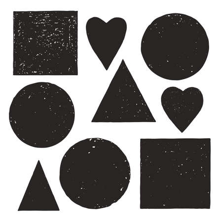 Vector geometric shapes with grunge texture. Circle, triangle, square and heart. Hand drawn different shapes.のイラスト素材