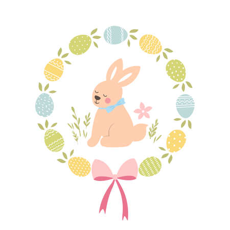 Happy Easter card in pastel spring colors. Cute easter Bunny. vector illustration.のイラスト素材