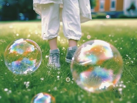 little boy and girl playing with soap bubbles on the grass at the parkの素材