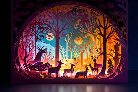 Magic forest with deer and moon. Vector illustration. Wallpaper.の素材
