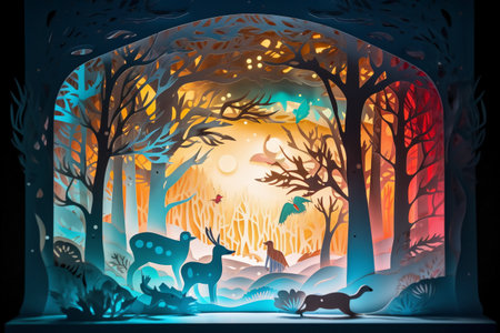 Illustration of the magic forest with deer and moon in the windowの素材