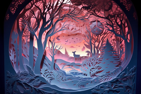 Illustration of a forest with trees and deer in the night.の素材