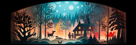 Halloween night landscape with trees, houses and animals. Vector illustration.の素材