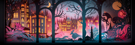 Halloween background with haunted houses, trees and ghosts. Vector illustration.の素材