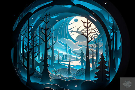 Fantasy winter landscape with forest, moon and stars. Vector illustration.の素材