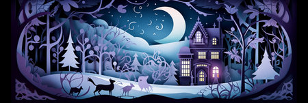 Winter landscape with house, deer and moon. Vector illustration for your designの素材