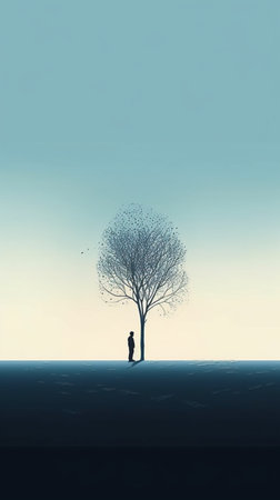 Conceptual image of a man standing in front of a treeの素材
