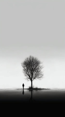 Silhouette of a lonely tree on a foggy winter morningの素材