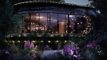 3d render of a night view of a garden with purple flowersの素材