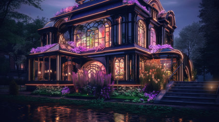 Illustration of a house in the park at night with purple flowersの素材