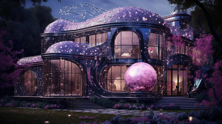 3D rendering of a futuristic building in the park at night.の素材