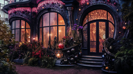 Beautiful Christmas decorations in front of the entrance to the house.の素材