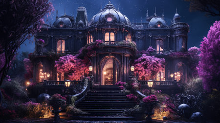 Scary Halloween scene with haunted house and purple flowers. 3D renderingの素材