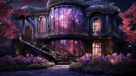 3D render of a fantasy house at night with stairs and flowersの素材