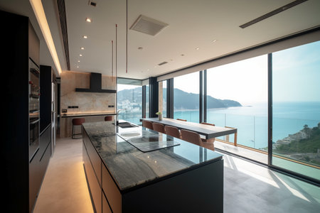 interior of modern house, view from the balcony to the seaの素材