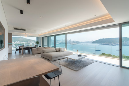 Interior of a modern house, living room with a view of the seaの素材