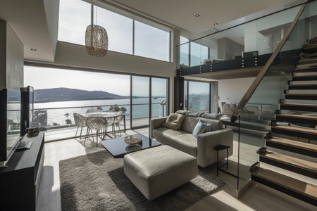 Luxury living room interior with view on the sea. Nobody insideの素材