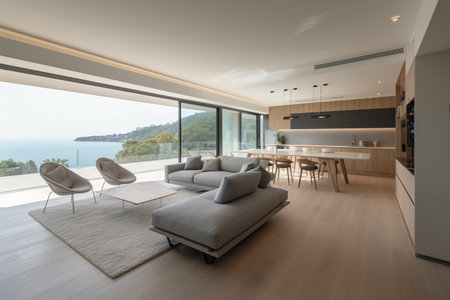 interior of modern house, living room view from the terraceの素材