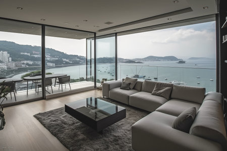 Modern living room with sea view from the terrace. Nobody insideの素材