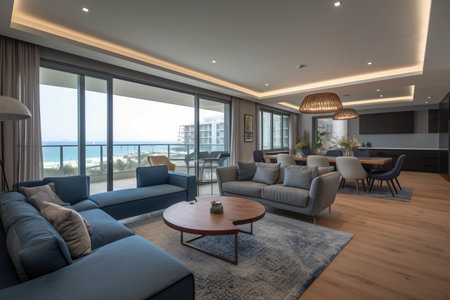 Interior of a modern living room with a view of the seaの素材