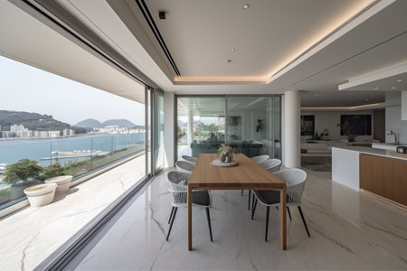 Interior of modern house, living room and kitchen with sea viewの素材
