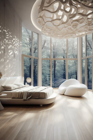 Contemporary bedroom with wooden floor and big window. 3d renderingの素材