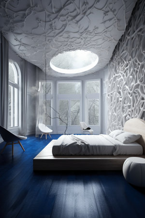 Interior of a modern bedroom with a large window overlooking a winter landscapeの素材