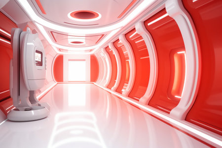 Futuristic corridor with red walls and ceiling, 3d renderの素材