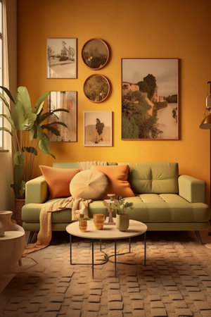Interior of a living room with a green sofa, coffee table and postersの素材
