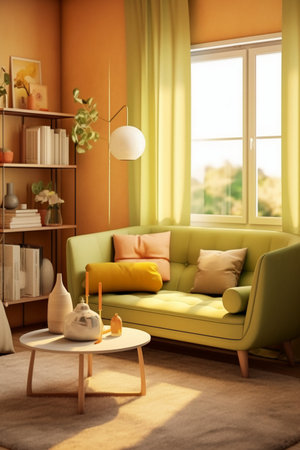 Interior of modern living room with comfortable sofa and coffee table, closeupの素材