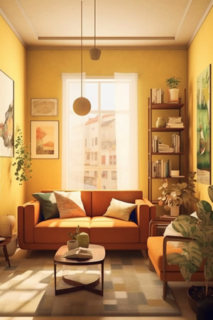 Living room interior with orange sofa, bookshelf and armchairの素材