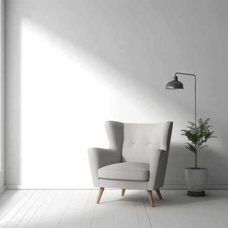 modern living room with white armchair, lamp and plant - 3d renderingの素材