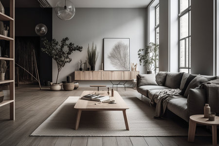 Interior of modern living room with gray walls, wooden floor, comfortable sofa and coffee table. 3d renderingの素材
