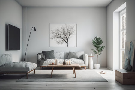 Modern living room interior with white walls, wooden floor, gray sofa and coffee table. Mock up, 3D Renderingの素材