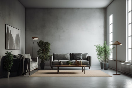 Interior of modern living room with gray walls, concrete floor, gray sofa and coffee table. 3d renderingの素材