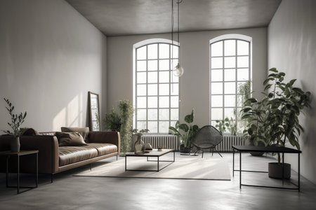 Interior of modern living room with gray walls, concrete floor, comfortable brown sofa and coffee table. 3d renderingの素材