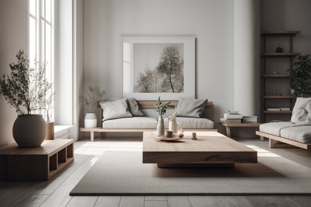 Living room interior with sofa and wooden coffee table. 3d renderingの素材