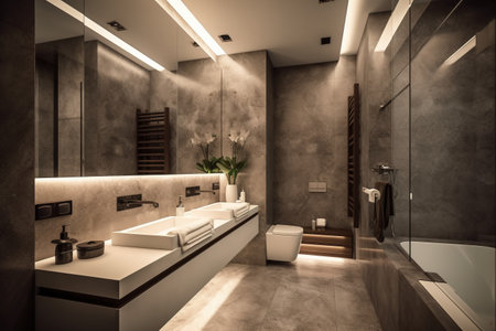 3d rendering luxury modern bathroom with marble walls, concrete floor and comfortable bathtub.の素材